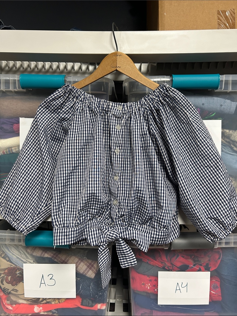 Playground Navy Gingham Off-Shoulder Tie-Front Crop Top